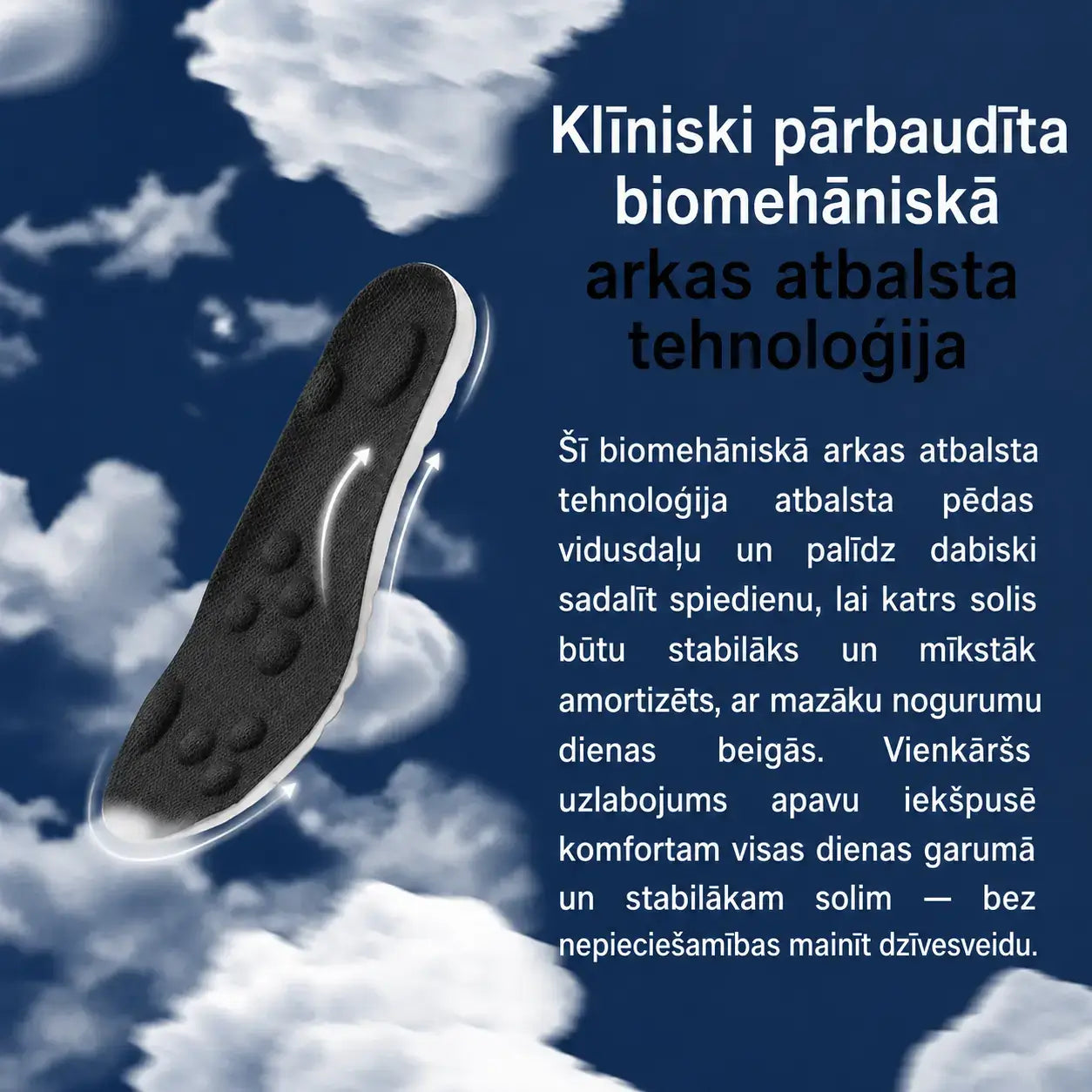 KOMFORTA+ Atbalsta pēdas velvi un vienlaikus stimulē asinsriti